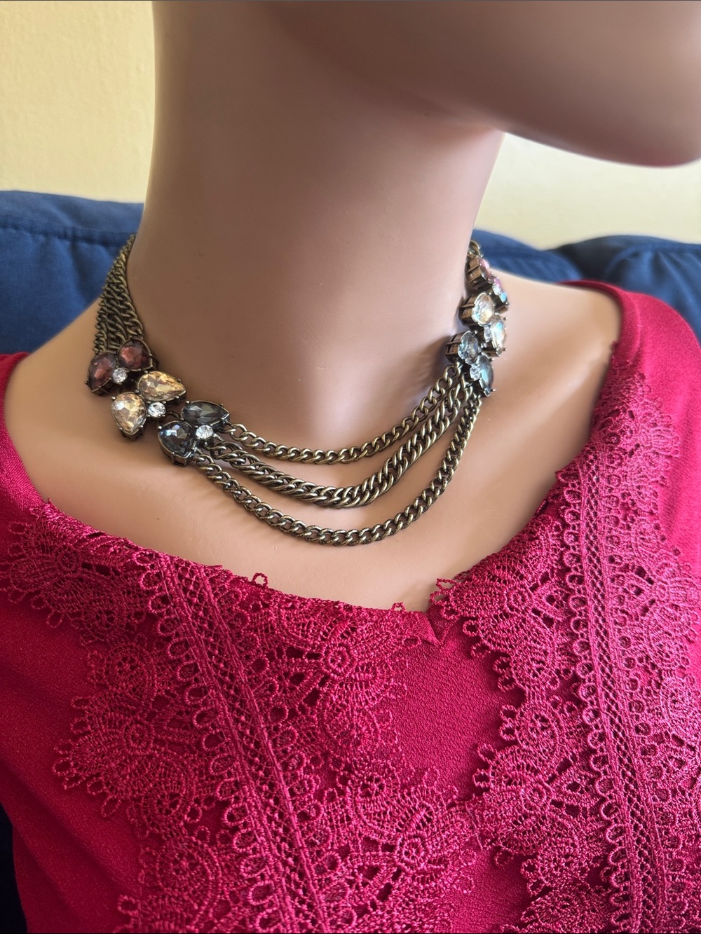 Chloe & Isabel antique gold tone triple layer chain w/faceted cabochon inserts